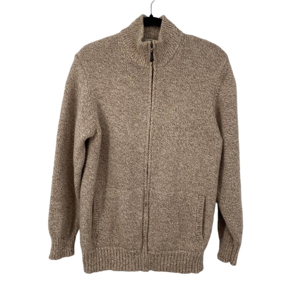 LL Bean Lambswool Full Zip Mock Neck Sweater Tan Size Large – Fits Like Medium
